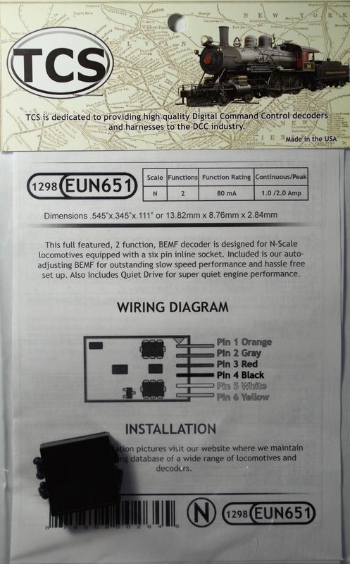 EUN651 Fully featured 2 function 6 pin decoder N scale