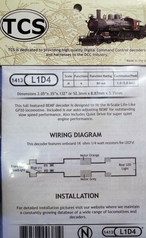 L1D4 drop in decoder for Life Like Proto N scale GP20
