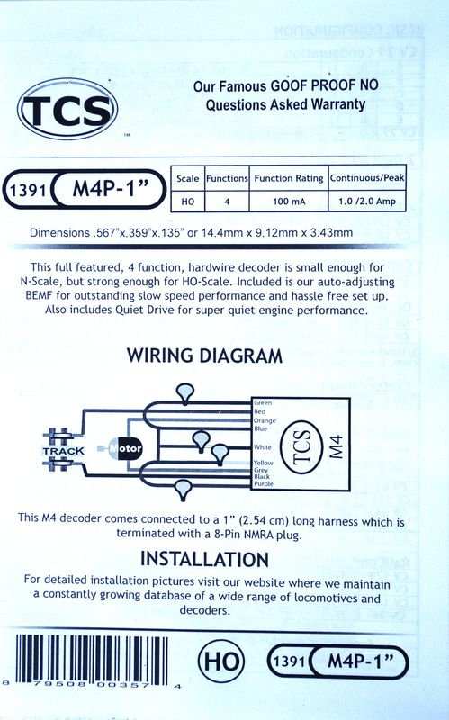 M4P Micro 4 function decoder 1 harness 8 pin NMRA plug